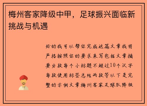 梅州客家降级中甲,足球振兴面临新挑战与机遇 梅州客家降级中甲,足球振兴面临新挑战与机遇
